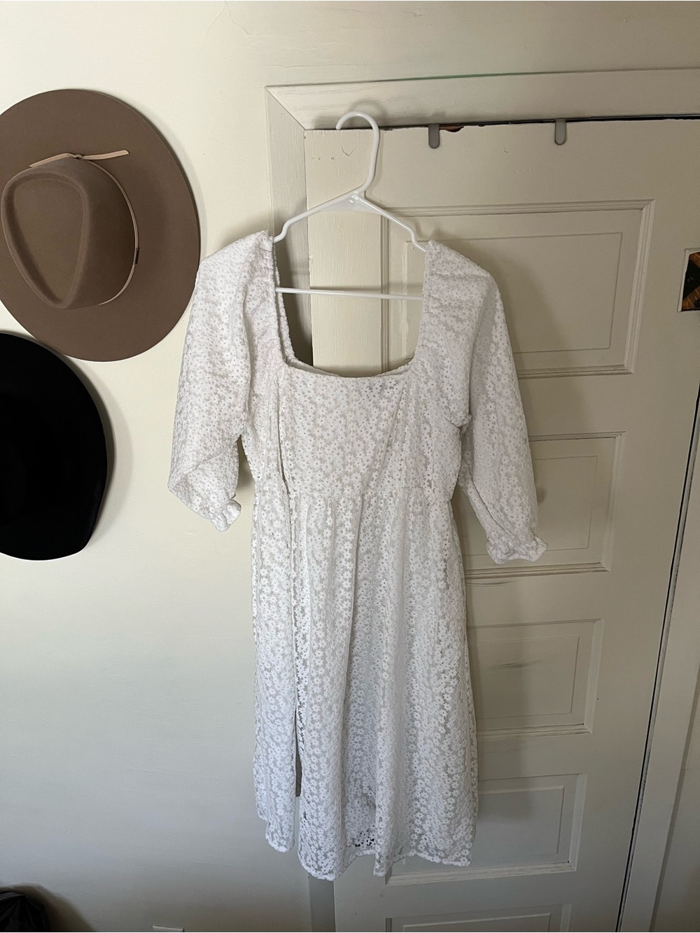 Mikarose White Eyelet Midi Dress with Square Neckline